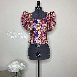 NEW XS SHEIN Puff Sleeve Square Neck Pink and Purple Floral Top